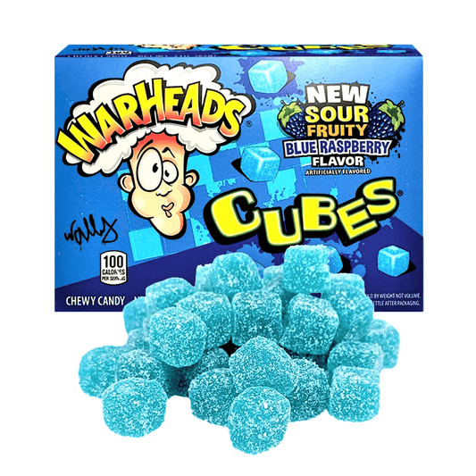 Warheads Box Blue Raspberry Cubes 85 gr.(jeleuri acrisoare cu aroma de zmeura)